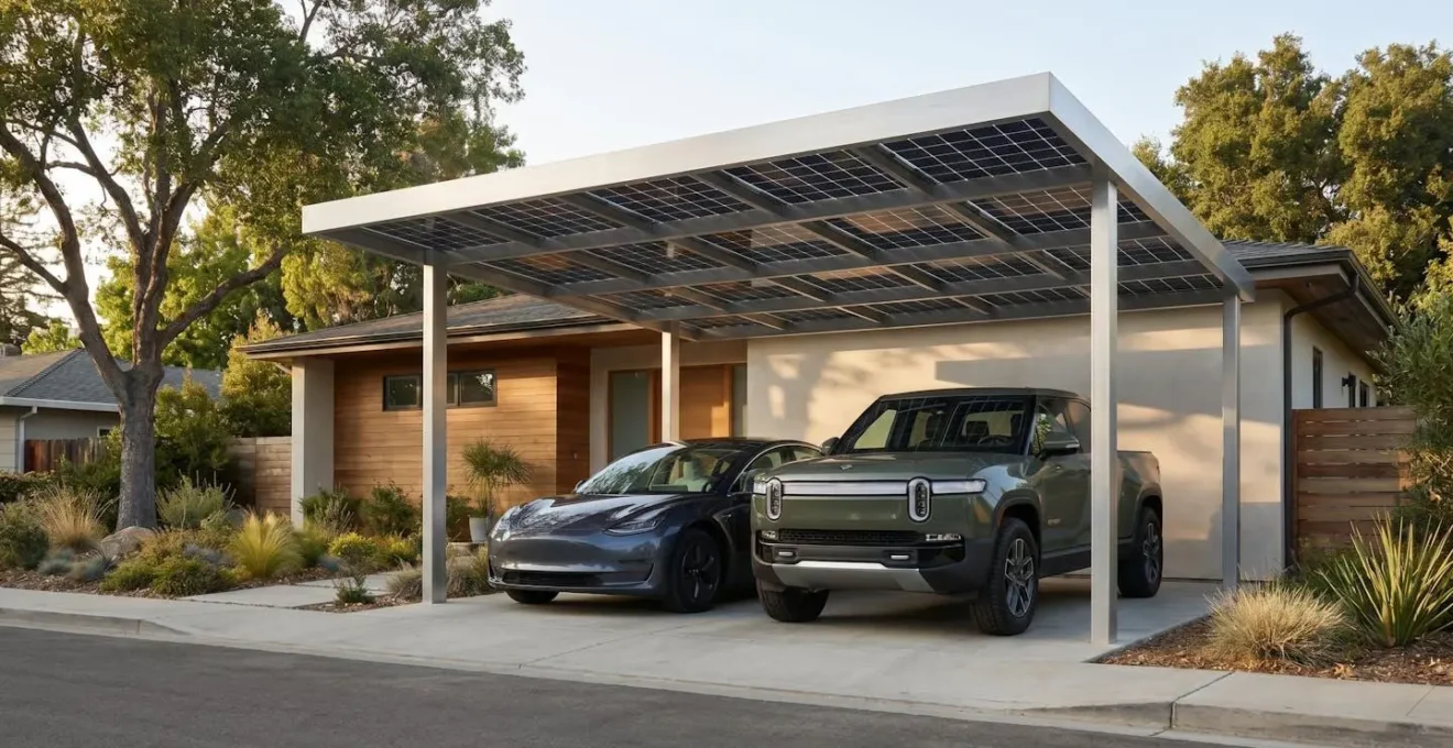 Vue extérieure d'un carport solaire à toit plat installé devant une maison individuelle, avec plusieurs rangées de panneaux photovoltaïques intégrés