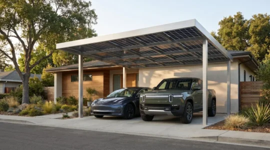 Vue extérieure d'un carport solaire à toit plat installé devant une maison individuelle, avec plusieurs rangées de panneaux photovoltaïques intégrés