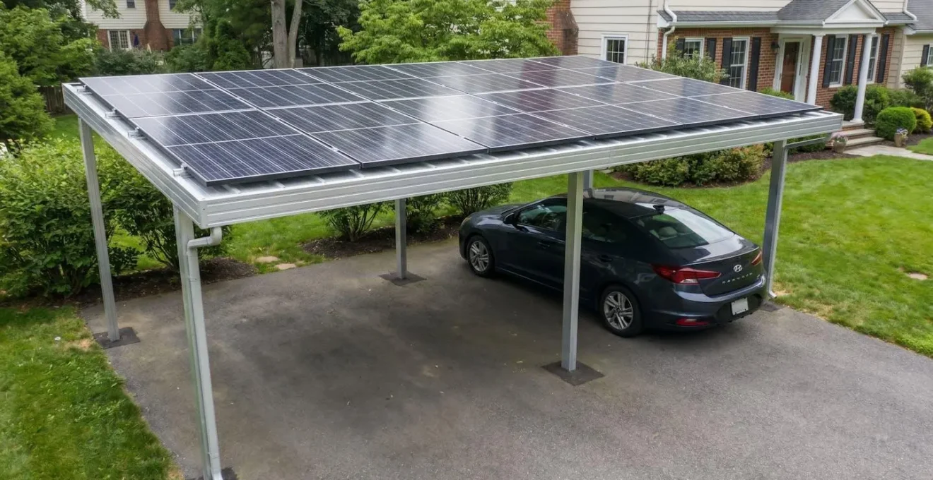 Carport solaire double place avec 12 panneaux photovoltaïques installés en rangée, vue de trois quarts, structure aluminium, véhicule garé en dessous