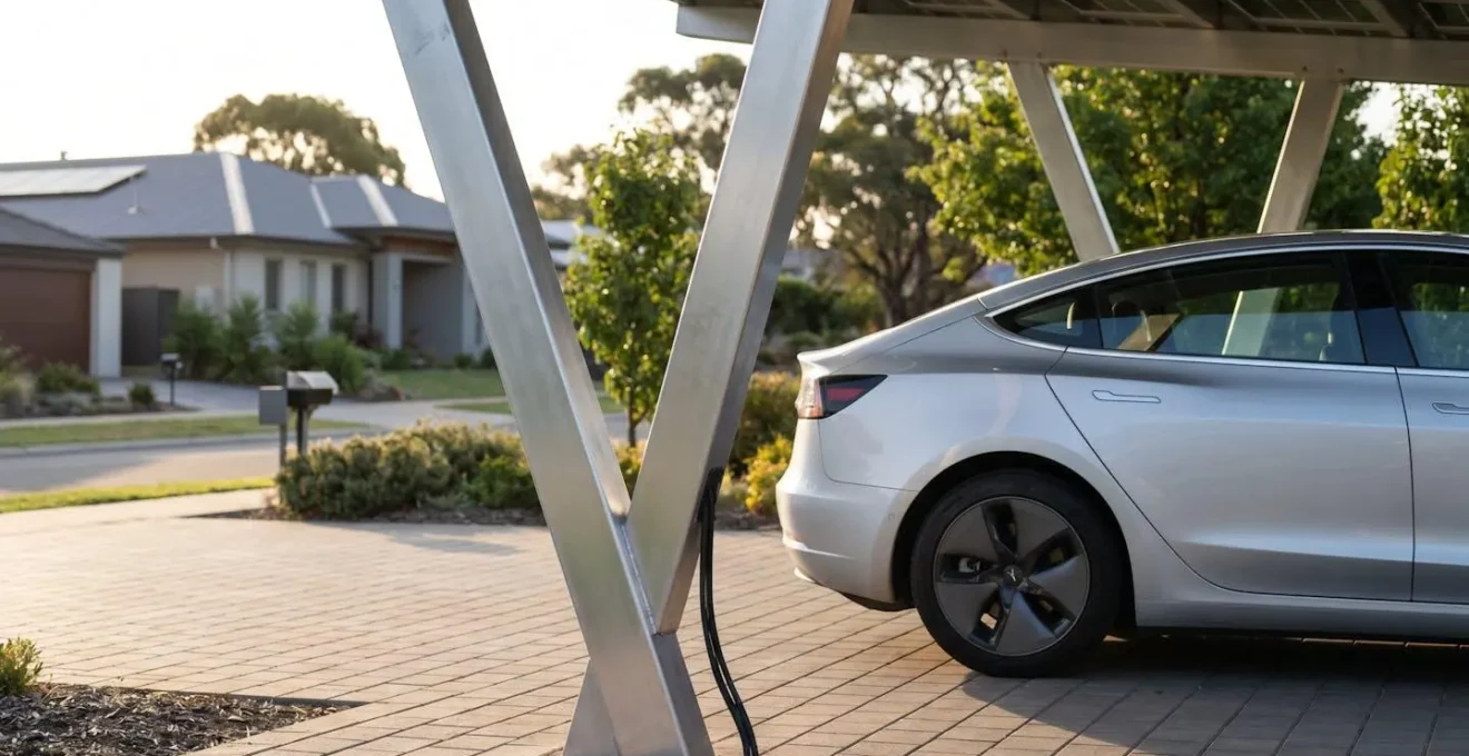Détail des pieds déportés d'un carport solaire aluminium, voiture manœuvrant facilement dans l'espace dégagé, allée résidentielle