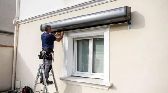 Installateur professionnel fixant un store banne coffre sur la façade d'une maison résidentielle française au-dessus d'une fenêtre