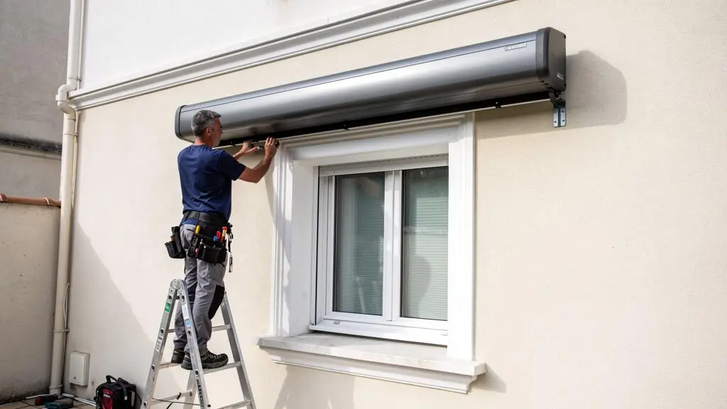 Installateur professionnel fixant un store banne coffre sur la façade d'une maison résidentielle française au-dessus d'une fenêtre