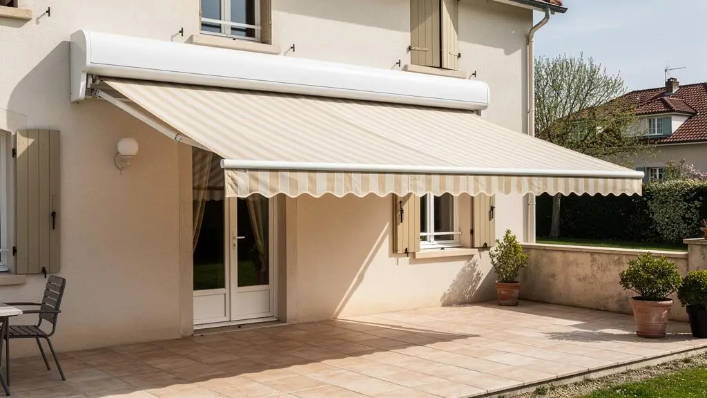 Store banne coffre entièrement déployé couvrant une terrasse résidentielle française, montrant l'avancée et l'inclinaison